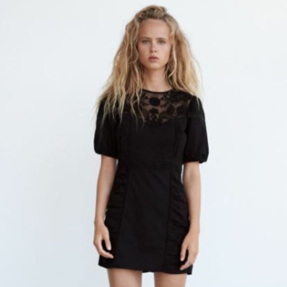 NWT Zara Black Dress With Embroidery Lace Puff Sleeves Size XS - Picture 5 of 6